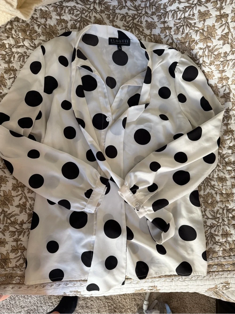 Eloquii White and Black Polka Dot Tie-Neck Blouse
